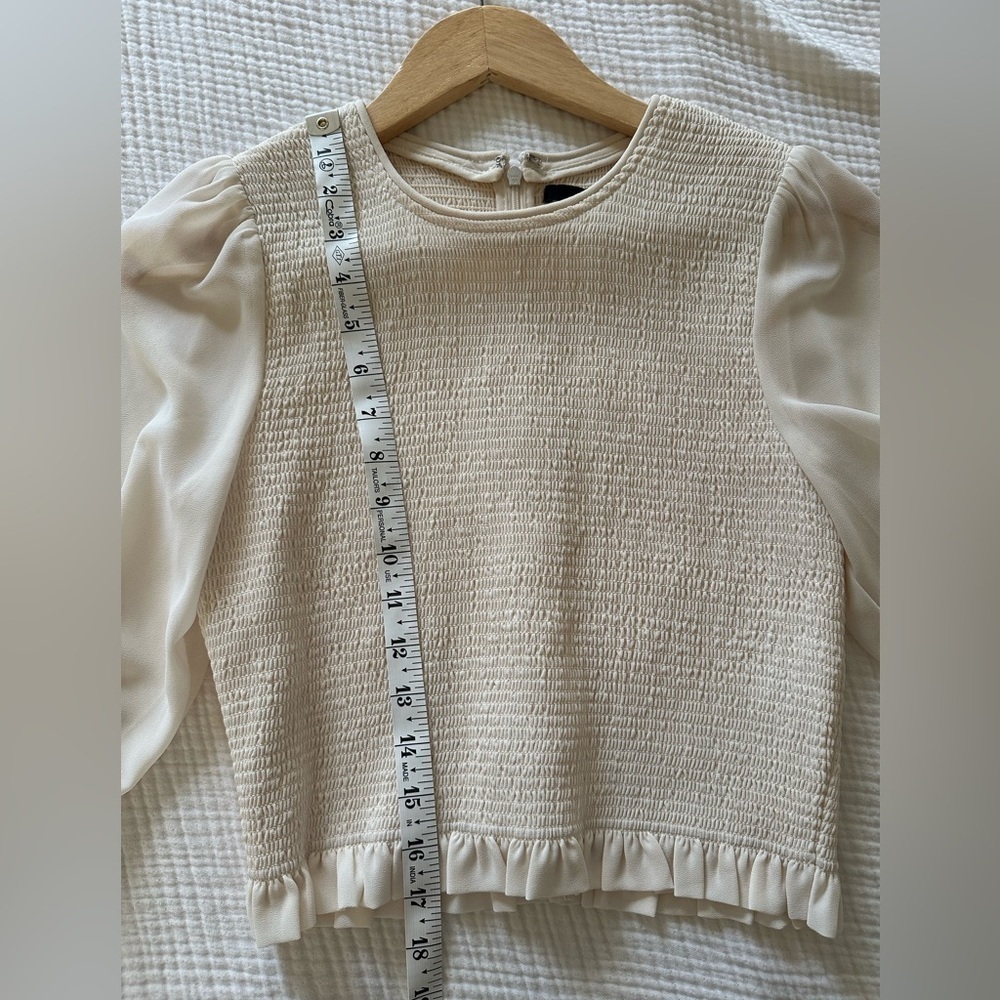 Quince Chiffon Cropped Smocked Cream Textured Blouse with Long Sleeves - Picture 8 of 8